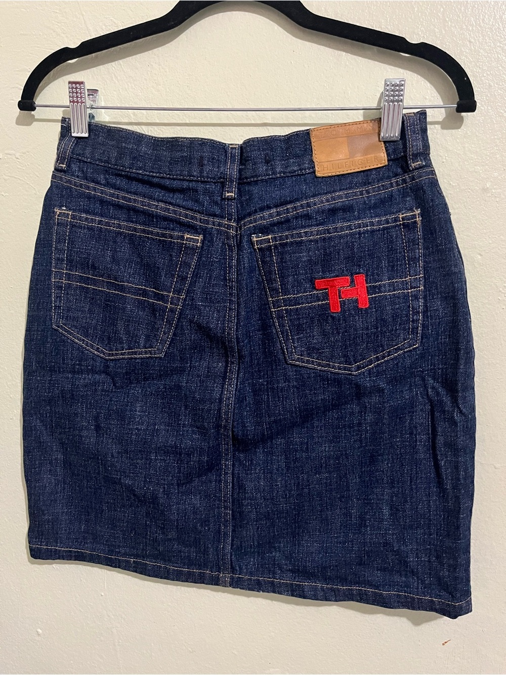 Vintage Tommy Hilfiger Dark Blue Denim Skirt with Red TH Patch